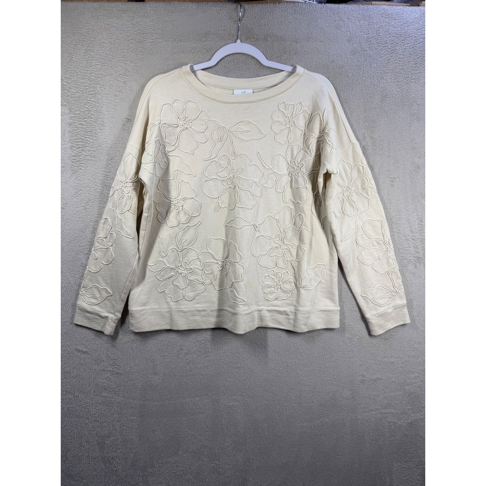 J. Jill Sweatshirt Women XS Cream Floral Embroidered Crewneck Cotton Pullover